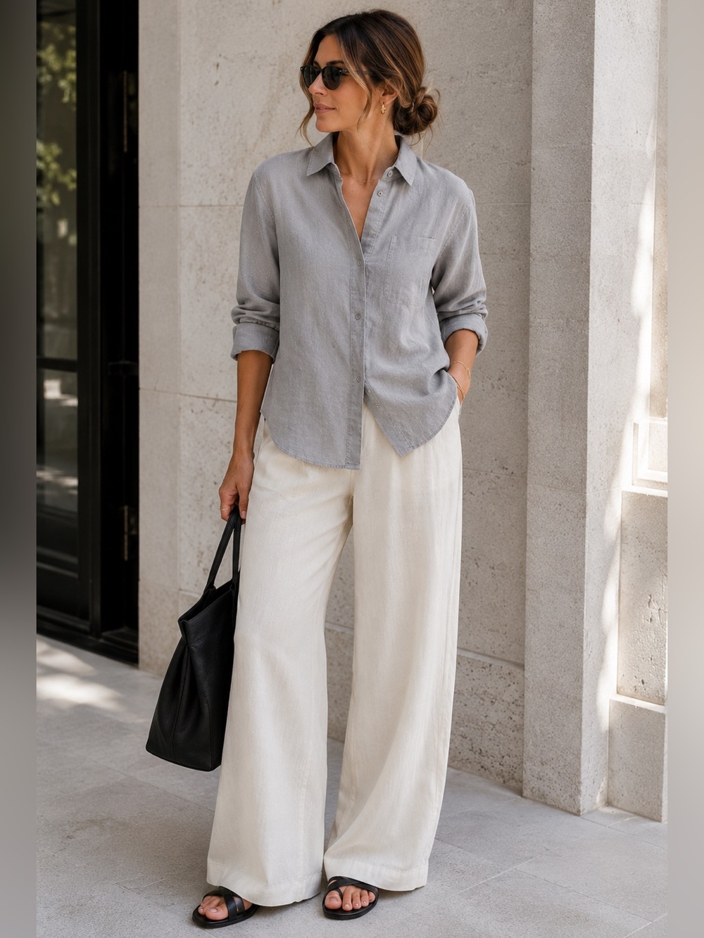 COS Ramie Lyocell Button Front Shirt Light Grey Minimalist Long Sleeve Size 6